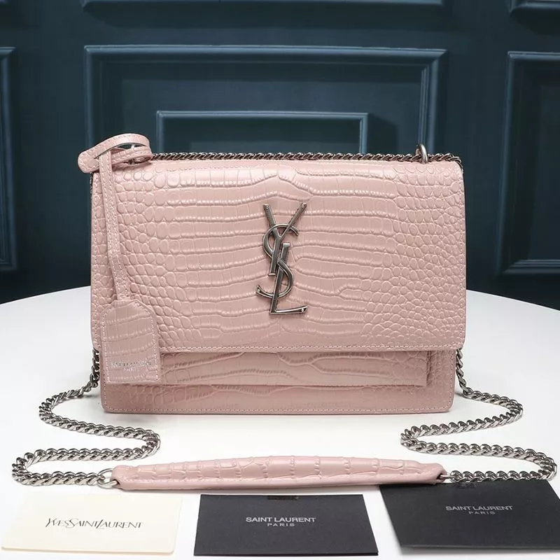 Saint Laurent Medium Sunset Chain Bag In Crocodile Embossed Leather Pink Silver 0115