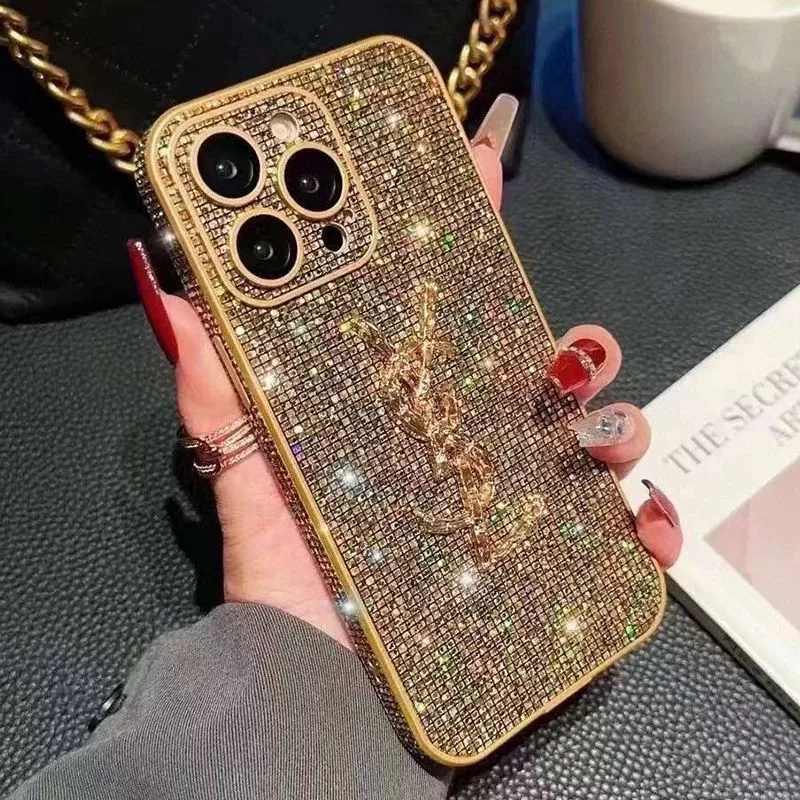 Saint Laurent Cassandre iPhone Case In Silicon with Glitter Crystals Gold 0112