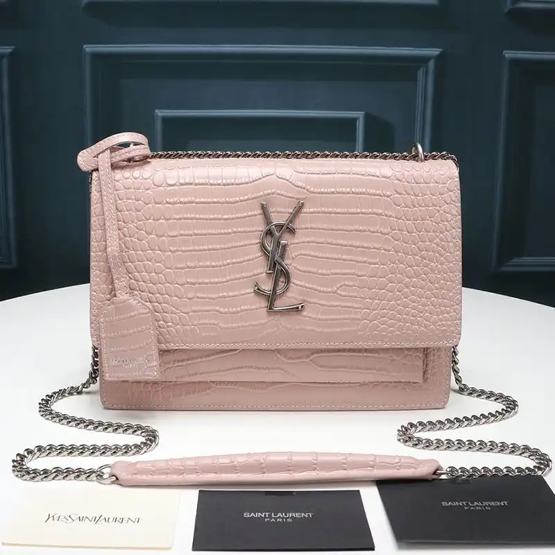 CHEAP Saint Laurent Medium Sunset Chain Bag In Crocodile Embossed Leather Pink Silver 0123