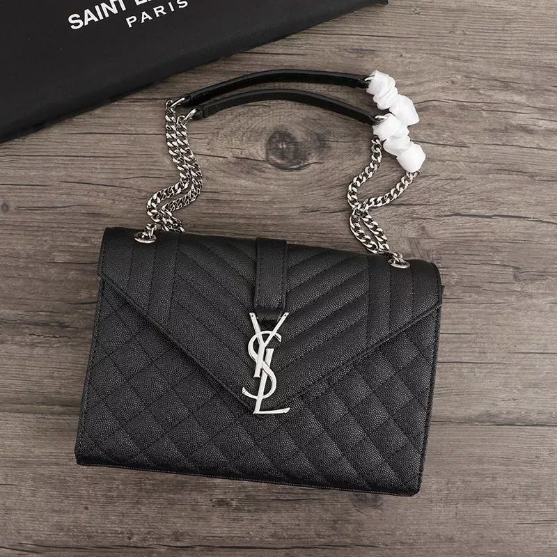 Saint Laurent Medium Envelope Chain Bag In Mixed Grained Matelasse Leather Black Silver 0113