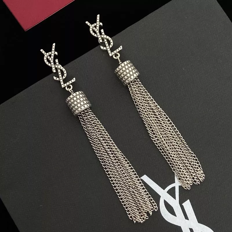 Saint Laurent Loulou Earrings With Chain Tassels In Hammered Metal Silver 0112