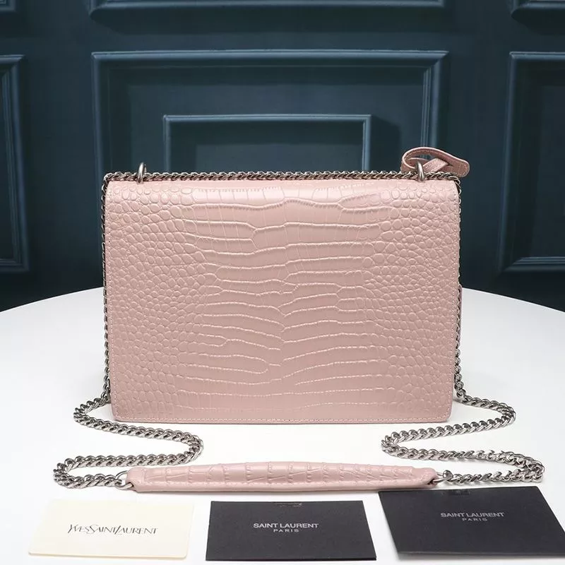 CHEAP Saint Laurent Medium Sunset Chain Bag In Crocodile Embossed Leather Pink Silver 0115