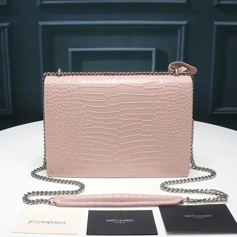 CHEAP Saint Laurent Medium Sunset Chain Bag In Crocodile Embossed Leather Pink Silver 0123