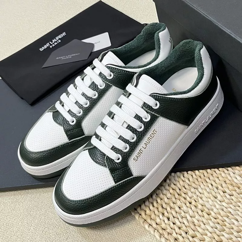 Saint Laurent SL 61 Low-Top Sneakers Unisex Perforated and Grained Leather White Green 0114