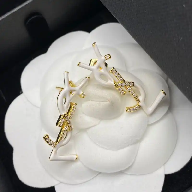 CHEAP Saint Laurent Opyum Earrings In Metal, Enamel and Crystals Gold White 0130