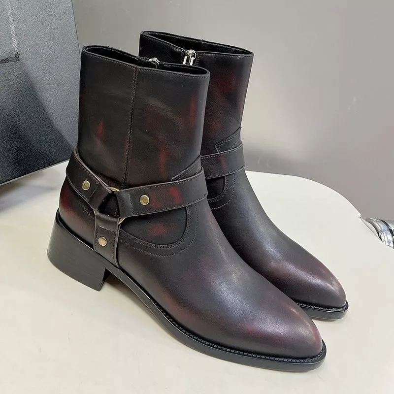 Saint Laurent Wyatt Harness Ankle Boots Women Smooth Leather Black Burgundy 0114