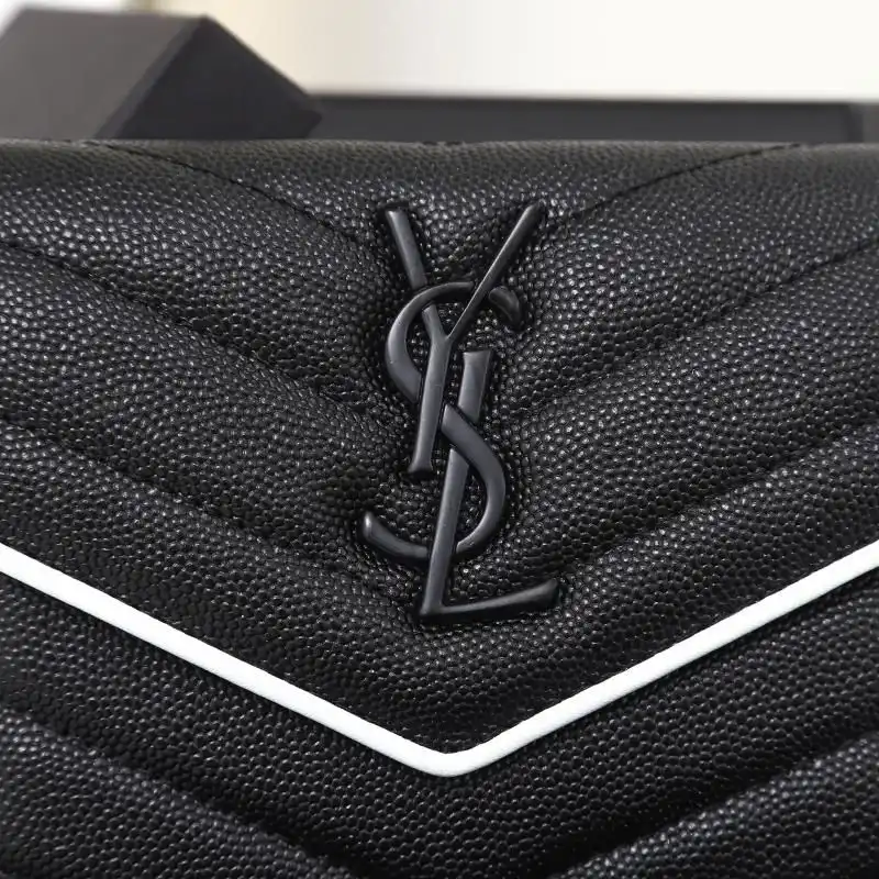 CHEAP Saint Laurent Small Envelope Trifold Wallet In Mixed Grained Matelasse Leather Black White 0127