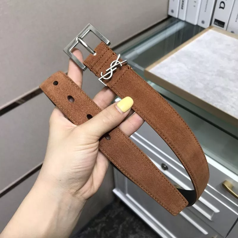 Saint Laurent Monogram Belt With Square Buckle In Suede Brown Silver 0112