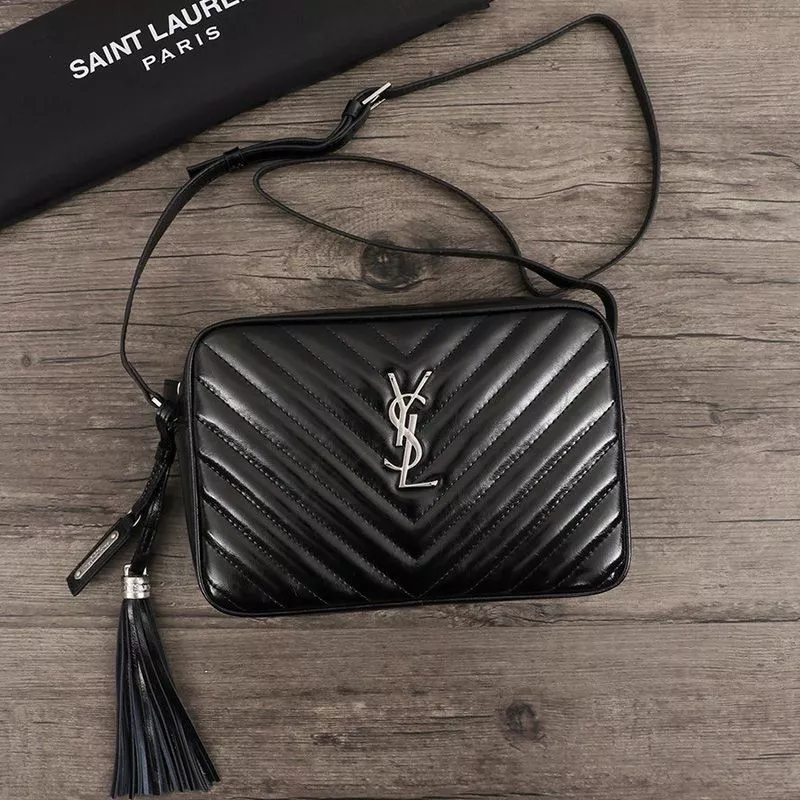 Saint Laurent Lou Camera Bag In Crinkled Matelasse Leather Black Silver 0115