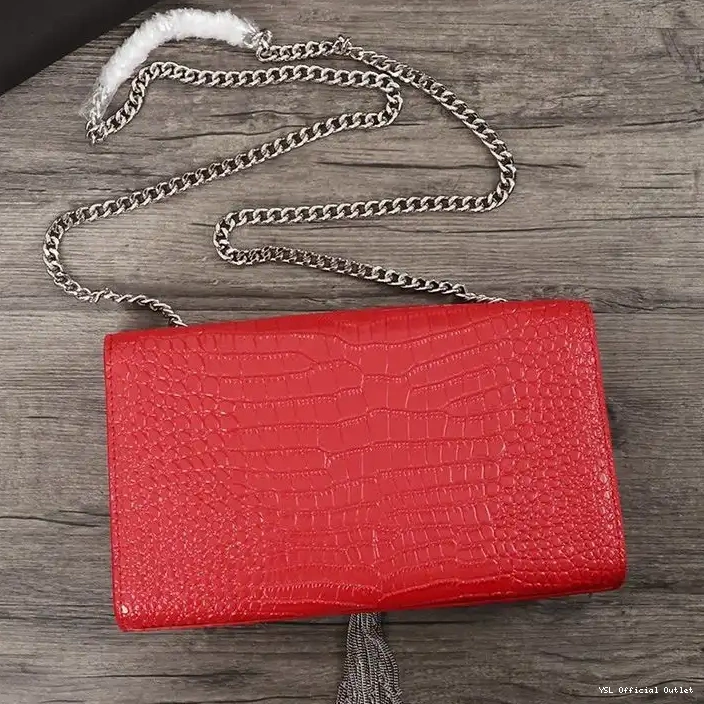 CHEAP Shiny Kate with Chain Embossed Medium Red Silver Crocodile Leather Tassel Saint Laurent Bag In 0223