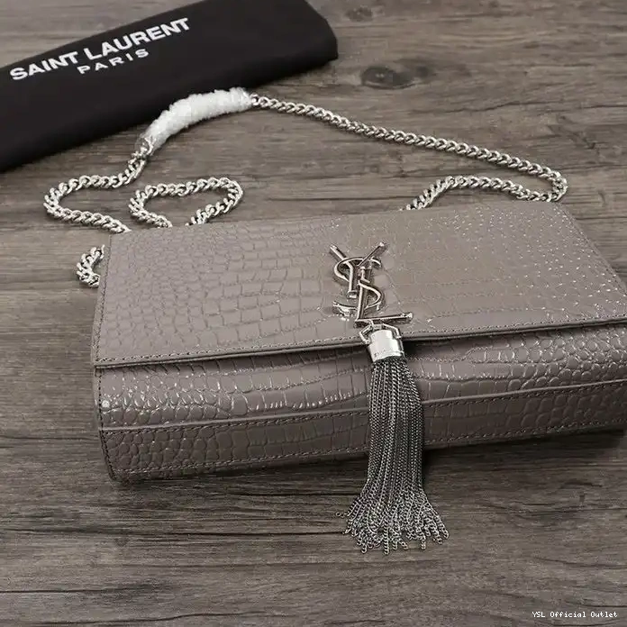 CHEAP Laurent Medium Tassel Leather Bag with Kate Chain Saint Shiny Crocodile Embossed Silver In Grey 0225