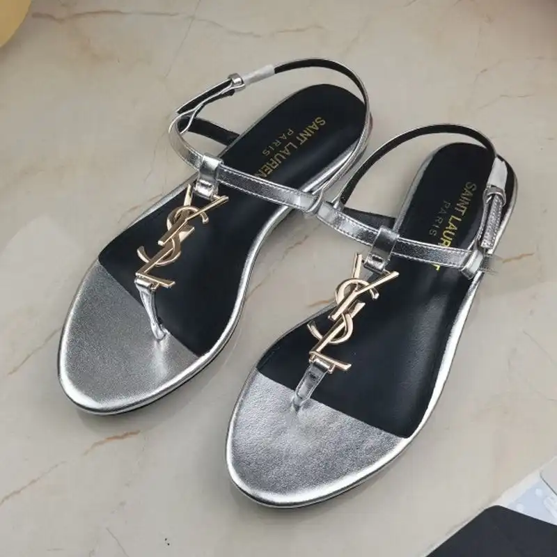 CHEAP Saint Laurent Cassandra Flat Sandals With T-Strap Women Smooth Leather Silver Gold 0201