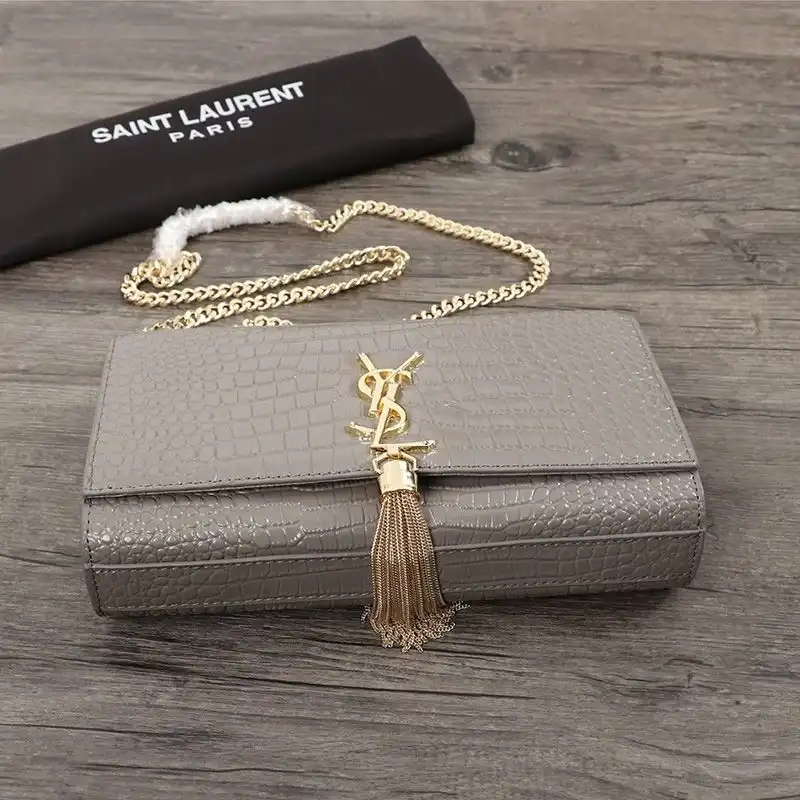 CHEAP Saint Laurent Medium Kate Chain Bag with Tassel In Crocodile Embossed Shiny Leather Grey Gold 0202