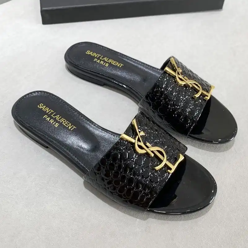 CHEAP Saint Laurent Monogram Slides Women Stone Grain Leather Black Gold 0201