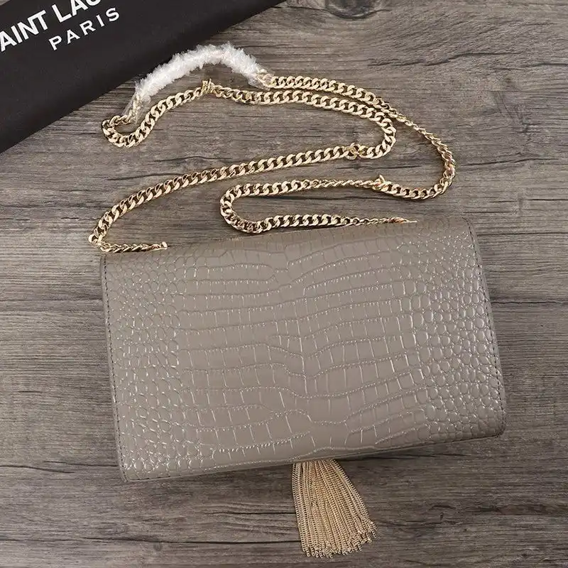 CHEAP Saint Laurent Medium Kate Chain Bag with Tassel In Crocodile Embossed Shiny Leather Grey Gold 0202