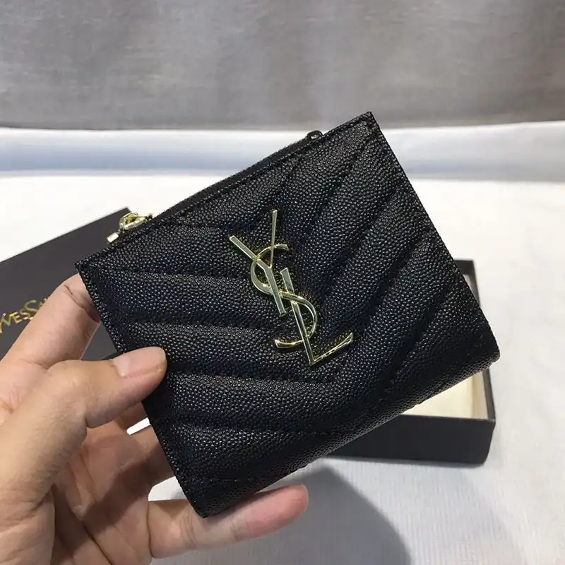 CHEAP Saint Laurent Monogram Zipped Bifold Card Case In Grained Matelasse Leather Black Gold 0206