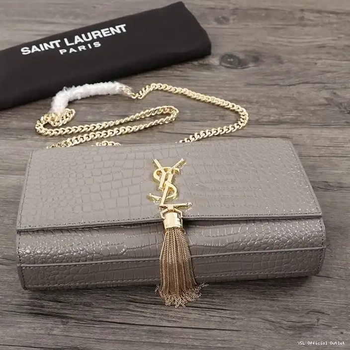 CHEAP Chain with Gold Medium Laurent Bag Saint Tassel Leather In Shiny Kate Crocodile Embossed Grey 0215