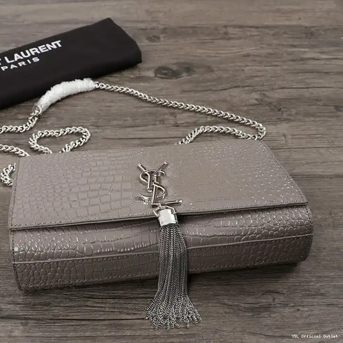 CHEAP Laurent Leather Medium Tassel Embossed Bag Grey Shiny In Saint Silver with Chain Crocodile Kate 0212