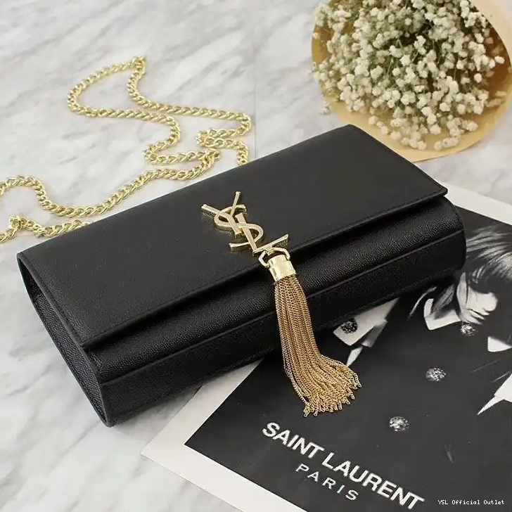 CHEAP Leather Kate Gold Laurent Chain In Medium with Bag Saint Tassel Grained Black 0222