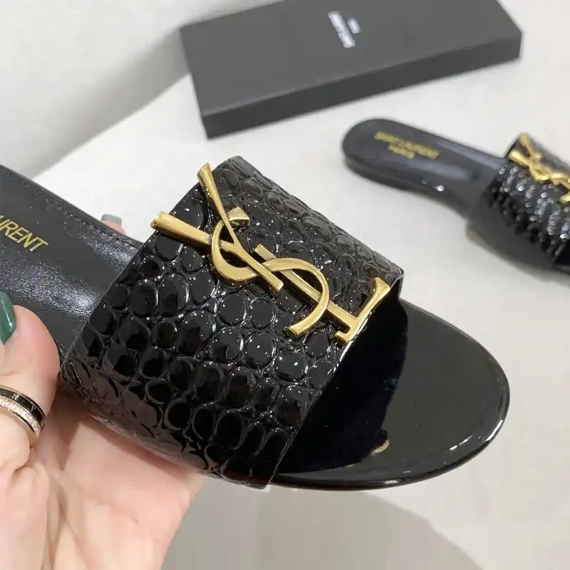 CHEAP Saint Laurent Monogram Slides Women Stone Grain Leather Black Gold 0201