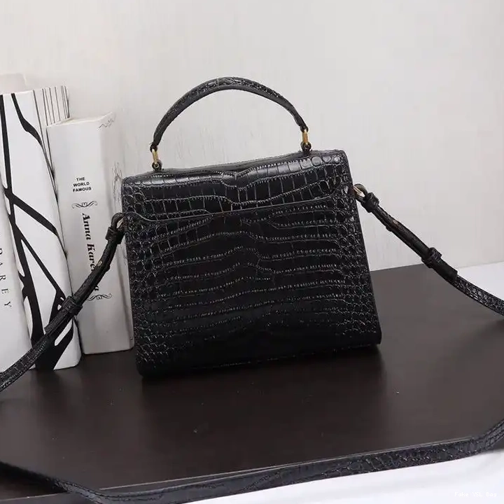 CHEAP Laurent Cassandra Top Embossed Handle Gold Saint Mini Crocodile Leather Bag In Black 0214