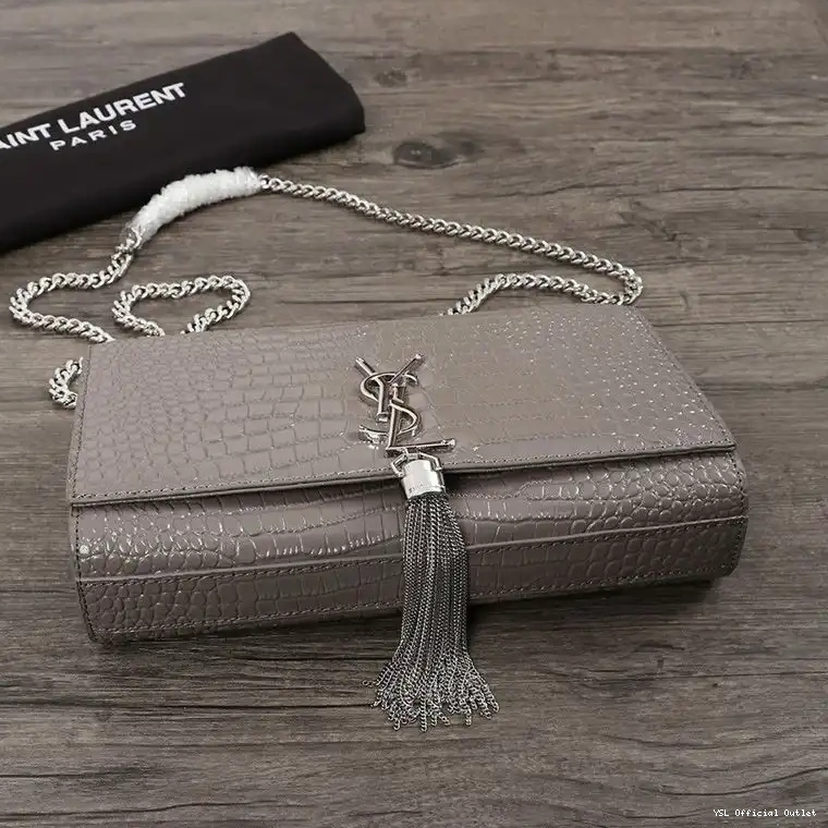 CHEAP Grey Kate Chain Laurent Shiny In Bag Medium Embossed Crocodile Saint Silver Leather Tassel with 0223