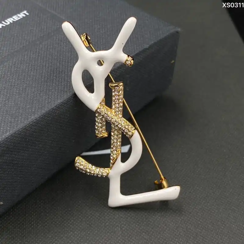 CHEAP Saint Laurent Opyum Brooch In Metal, Enamel and Crystals Gold White 0204