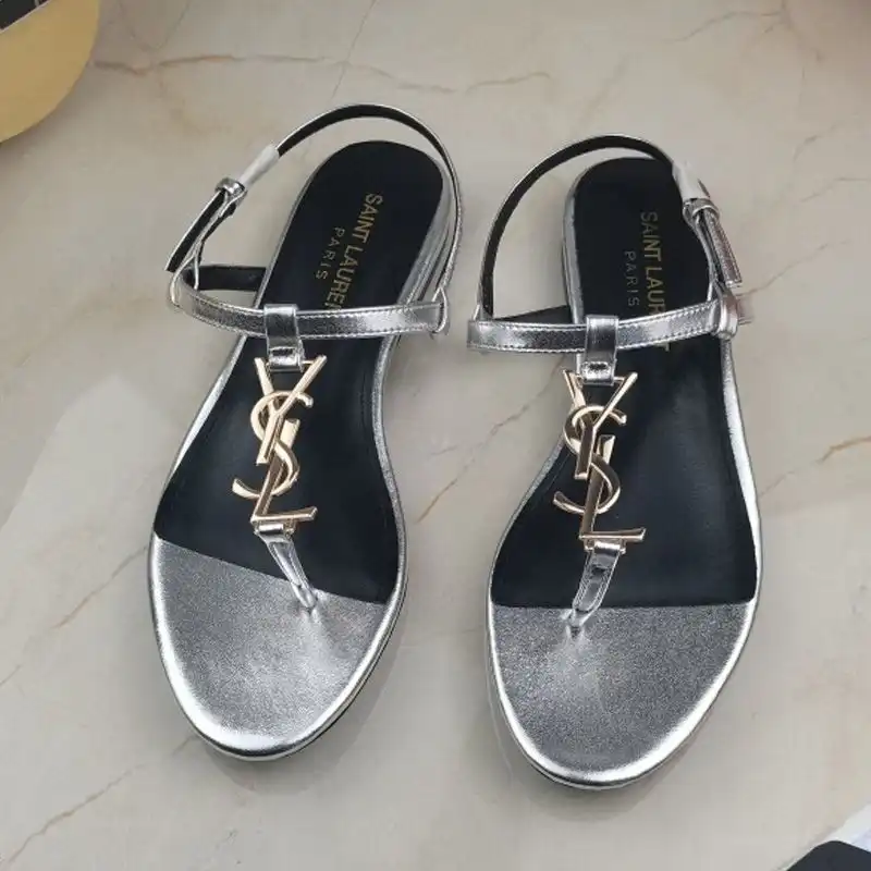 CHEAP Saint Laurent Cassandra Flat Sandals With T-Strap Women Smooth Leather Silver Gold 0201