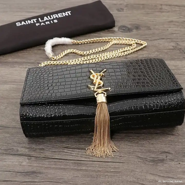 CHEAP Saint Gold Leather Bag Medium Shiny Kate Black In Tassel with Chain Laurent Embossed Crocodile 0223