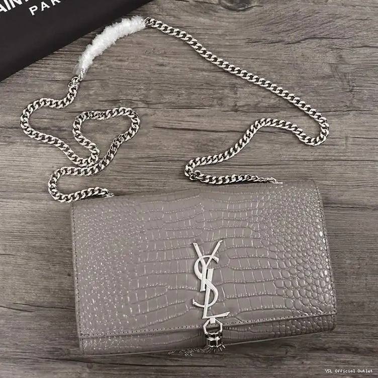 CHEAP Grey Kate Chain Laurent Shiny In Bag Medium Embossed Crocodile Saint Silver Leather Tassel with 0223