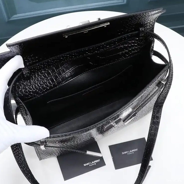 CHEAP Saint Shiny Crocodile-Embossed Shoulder Black In Laurent Silver Leather Bag Manhattan 0210