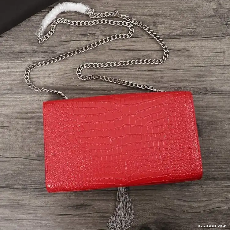 CHEAP Leather Silver Crocodile Embossed Medium Shiny Laurent In Saint with Bag Chain Kate Tassel Red 0209