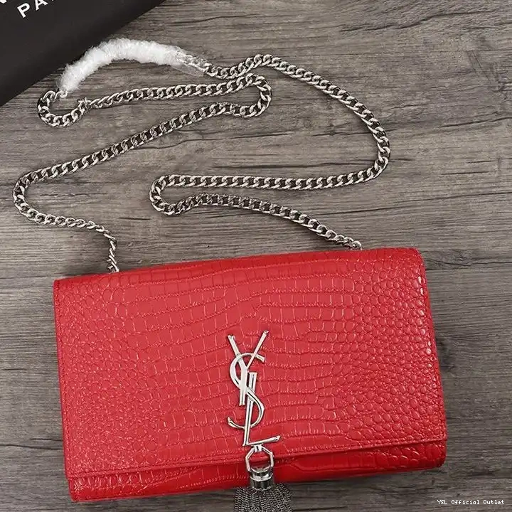 CHEAP Leather Silver Crocodile Embossed Medium Shiny Laurent In Saint with Bag Chain Kate Tassel Red 0209