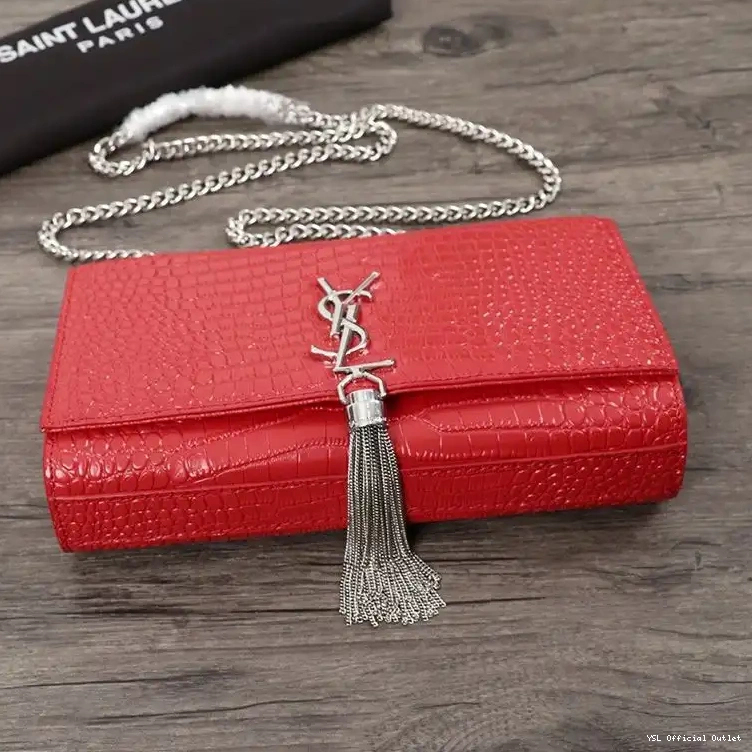 CHEAP Shiny Kate with Chain Embossed Medium Red Silver Crocodile Leather Tassel Saint Laurent Bag In 0223