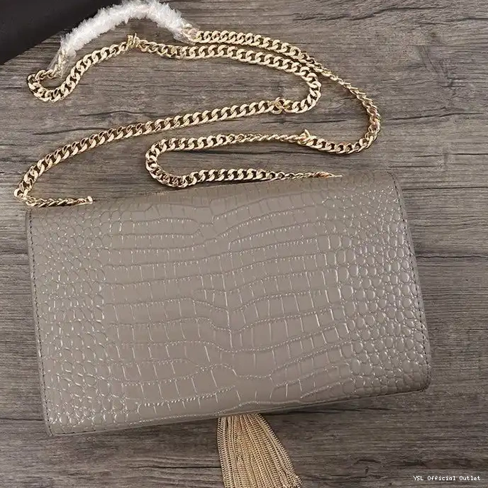 CHEAP Chain with Gold Medium Laurent Bag Saint Tassel Leather In Shiny Kate Crocodile Embossed Grey 0215