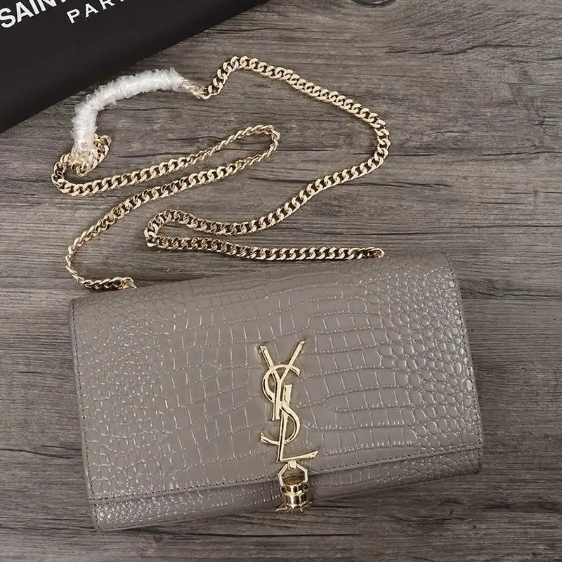 CHEAP Saint Laurent Medium Kate Chain Bag with Tassel In Crocodile Embossed Shiny Leather Grey Gold 0202