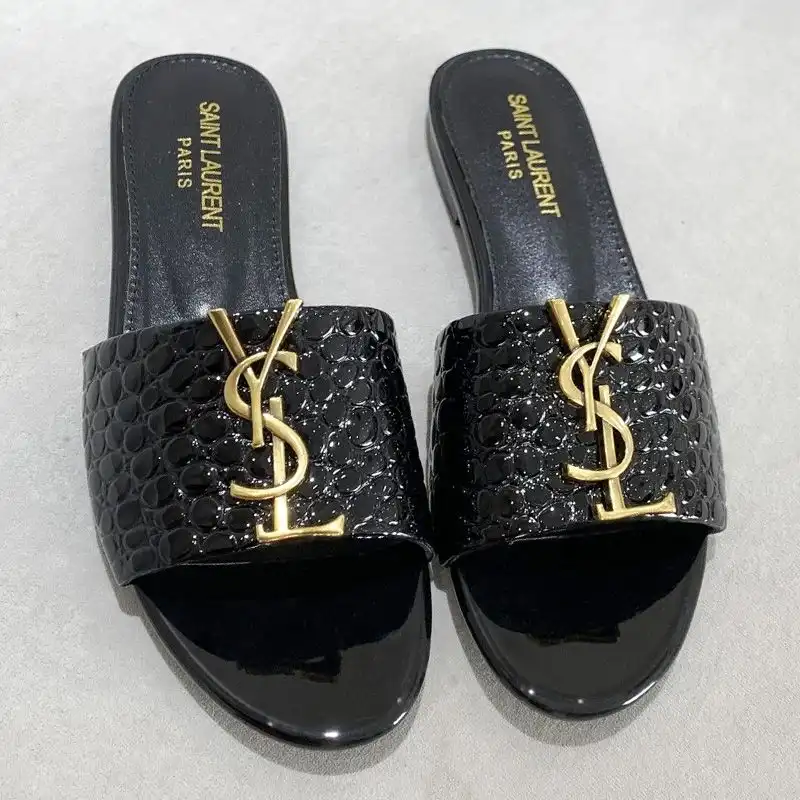 CHEAP Saint Laurent Monogram Slides Women Stone Grain Leather Black Gold 0201