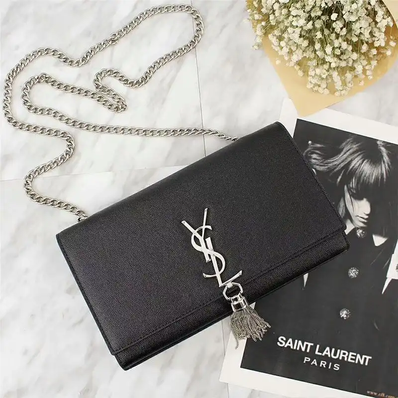 CHEAP Saint Laurent Medium Kate Chain Bag with Tassel In Grained Leather Black Silver 0202